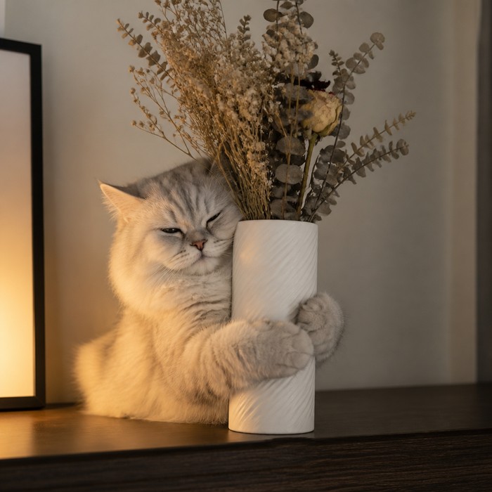Кот с вазой белый